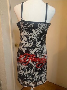 Ed Hardy Black & cream Graphic Slip Dress with Script Logo